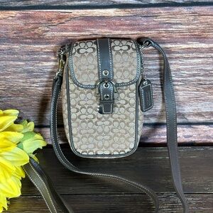 Coach Brown Signature Jacquard Crossbody Phone Pouch